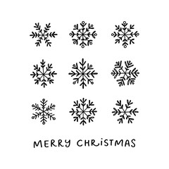 Snowflakes vector doodle drawing. Merry Christmas greeting card