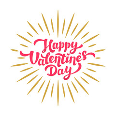 Fototapeta na wymiar Happy valentines day hand drawing lettering card design. Bright pink inscription with gold rays on white background.
