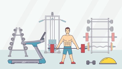 Man performing crossfit exercises in the gym. Young male person doing workout. Fitness, bodybuilding concept banner. Vector illustration.