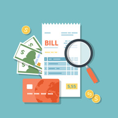 Bill icon with magnifying glass. Studying paying receipt. Payment of goods,service, utility, bank, restaurant. Invoice, check, bill sign. Credit card, cash, gold coins. Vector isolated.