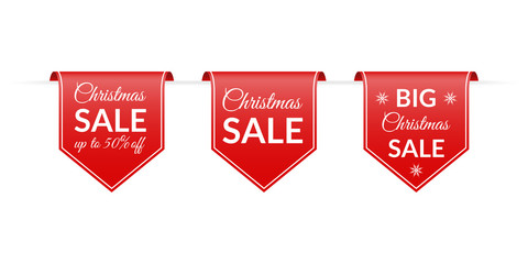Christmas sale banner set. Red Hanging ribbon with Xmas discount. Up to 50% price off. Vector illustration.