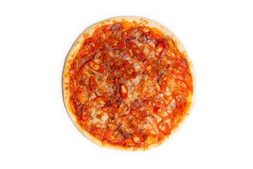 Delicious pizza served on wooden plate isolated on white