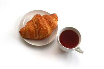 Coffee white cup, Plain croissant on white background