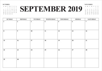 September 2019 desk calendar vector illustration