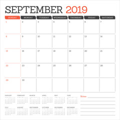 September 2019 desk calendar vector illustration