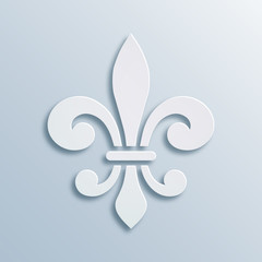 Fleur-de-lis background. Symbol of French heraldry. Paper style illustration. White vector geometric bas-relief, elegant decoration, stone ornament. Element for greeting cards, invitation template