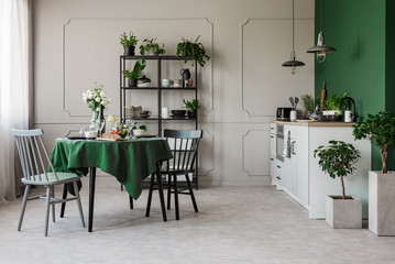 Two chairs at round table set for breakfast in contemporary open plan kitchen