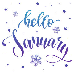 Hello January lettering quote decorated by stars and snowflakes