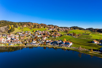 Aerial view, Hopfensee, Hopfensee am See, Füssen region, Ostallgäu, Bavaria, Germany