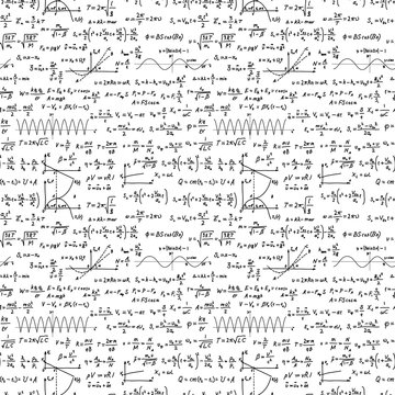 Black hand-drawn complicated scientific formulas and calculations, seamless pattern on white