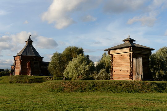The moss tower of Sumy Ostrog and the tower of Bratsk Ostrog in the Kolomna city of Moscow