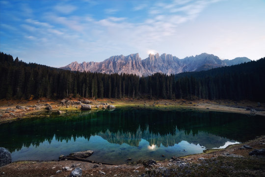 Lago di Carezza panoramic view. Dolomites Alps, Italy