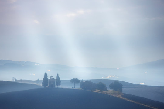 Chapel of Madonna di Vitaleta in moonlight