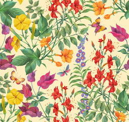 Exotic flowers and butterflies seamless background pattern. Version 2