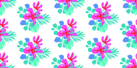 Beautiful Bouquet of Exotic Flowers and Leaves Seamless Pattern.Hand Drawn Print.Illustration for Surface , Invitation , Notebook, Banner , Wrap Paper ,Textiles, Cover, Magazine ,Postcard 