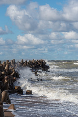 Breakwater in stormy day, Liepaja port north mole, Latvia.