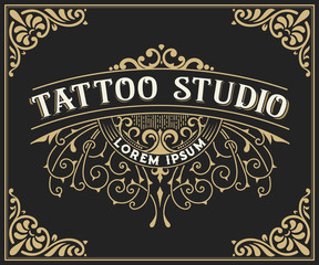 Tattoo logo template. Old lettering on dark background with floral ornaments.