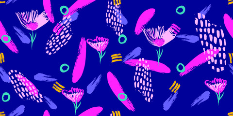 Silhouette Flowers on Small Brush Strokes Background, Seamless Pattern Print 