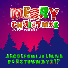 Bright holiday font with holly. Set of Merry Christmas alphabet letters. ABC - comic font. Cartoon lettering template for poster, banner, greeting card on Christmas and New Year. Vector illustration