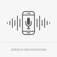 Voice command control. Voice recognition icon. Phone with microphone and sound wave with imitation of voice.
