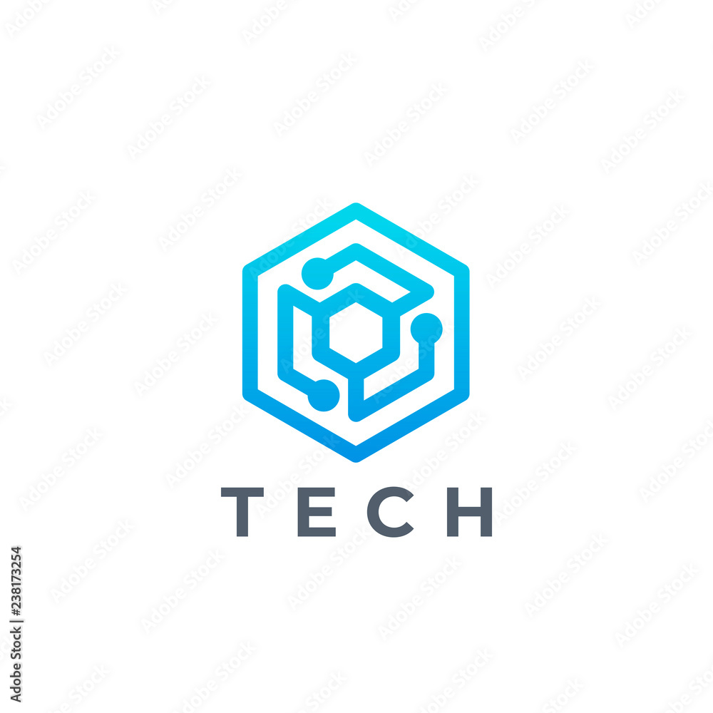 Wall mural tech hexagon logo. developer work logotype. technology biotechnology, tech icon and symbol