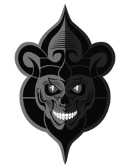 Decorative black and white evil skull with white teeth flat paper memorable art for sticker, tattoo or t-shirt printing