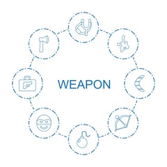 8 weapon icons. Trendy weapon icons white background. Included line icons such as sligshot, bomb, paintball, axe, bow, ninja, briefcase with weapon. weapon icon for web and mobile.