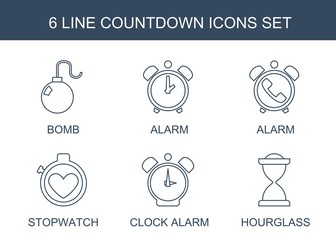 6 countdown icons. Trendy countdown icons white background. Included line icons such as bomb, alarm, stopwatch, clock alarm, hourglass. countdown icon for web and mobile.