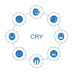 8 cry icons. Trendy cry icons white background. Included filled icons such as sleeping emot, crying emoji, crying emot. cry icon for web and mobile.