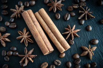 Spicy background. Warm christmas theme. Cinnamon quills, coffee beans and star anise
