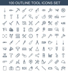 tool icons. Trendy 100 tool icons. Contain icons such as concrete mixer, pen, hacksaw, scalpel, window squeegee, knife, plate fork and spoon, case. tool icon for web and mobile.