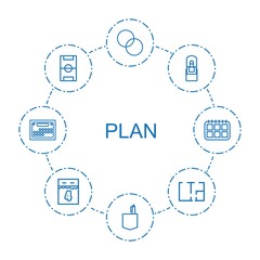 8 plan icons. Trendy plan icons white background. Included outline icons such as circle intersection, office room, office supply, football pitch. plan icon for web and mobile.