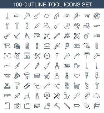 Tool Icons. Trendy 100 Tool Icons. Contain Icons Such As Concrete Mixer, Pen, Hacksaw, Scalpel, Window Squeegee, Knife, Plate Fork And Spoon, Case. Tool Icon For Web And Mobile.