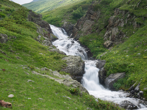Waterfall on the river Chilik. Caucasus mountains, resort area Arkhyz