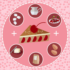 Cherry pie recire.Ingredients.Making pie.Cooking.Infographic.Color vector illustration.Objects on white background.Hand drawn.