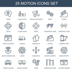 motion icons. Trendy 25 motion icons. Contain icons such as gear, escalator, escalator down, stairs, move, clobe gear, horizontal bar, crossed flags. motion icon for web and mobile.