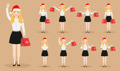 Character girl in a New Year's cap with Christmas gifts in various poses. Set of flat illustrations on a beige background.