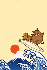 亥 サーフボードに乗っている猪 年賀状 ベクターイラスト素材
