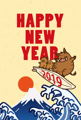 亥 2019 サーフボードに乗っている猪 年賀状 ベクターイラスト素材