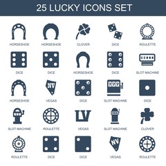 25 lucky icons. Trendy lucky icons white background. Included filled icons such as Horseshoe, horseshoe, clover, dice, Roulette, Dice, Slot machine. lucky icon for web and mobile.
