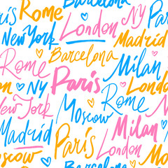 Seamless pattern with names of world cities. Hand drawn brush calligraphy illustration