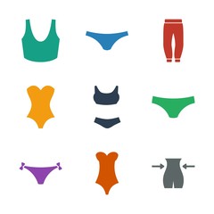 9 underwear icons. Trendy underwear icons white background. Included filled icons such as slim, swimsuit, panties, female underwear, swim suit. underwear icon for web and mobile.