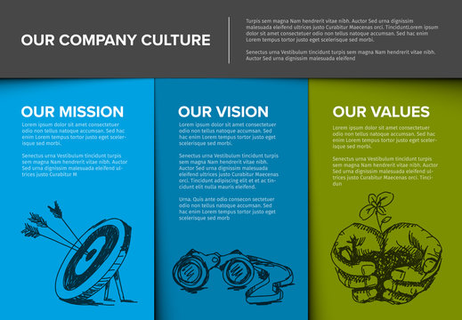 Company profile template with mission, vision and values