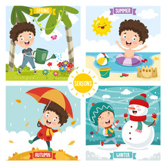 Vector Illustration Of Kid And Four Seasons
