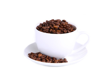 Coffee beans in cup isolated on white.