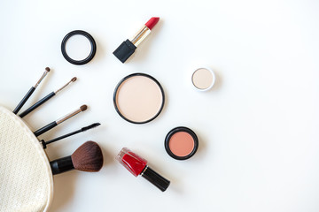 Makeup cosmetics tools background and beauty cosmetics, products and facial cosmetics package...
