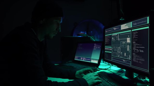 Hackers making cryptocurrency fraud using virus software and computer interface. Blockchain cyberattack, ddos and malware concept.