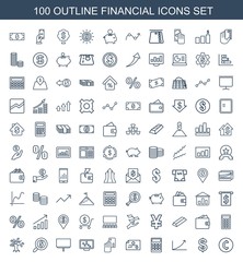 100 financial icons. Trendy financial icons white background. Included outline icons such as coin, Coin, graph, calculator, check, creadit card payment. financial icon for web and mobile.