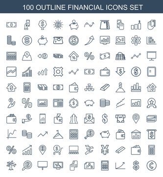 100 financial icons. Trendy financial icons white background. Included outline icons such as coin, Coin, graph, calculator, check, creadit card payment. financial icon for web and mobile.