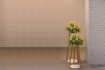 Flower pots and White Brick Wall on Floor Space / minimal Art Concept